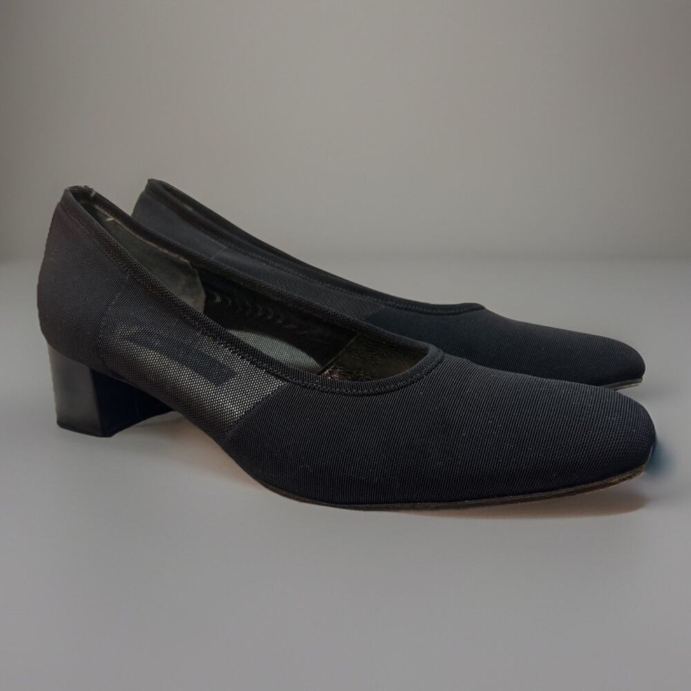 Anne Klein II Pumps 8.5 Black Fabric File Block Heels Square Toe Dress Mesh